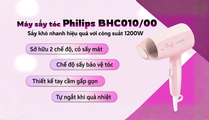 Máy sấy tóc Philips BHC010/00 phiên bản hồng với công suất 1200W
